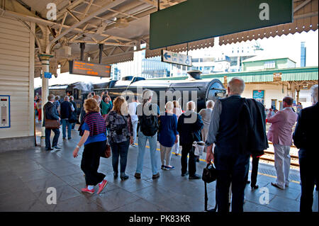 Passagiere auf dem Bahnsteig am Hauptbahnhof Cardiff, Cardiff, Wales, UK eine spezielle Dampf lokbespannter Zug ist in der Plattform Stockfoto