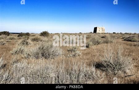 Festung Burg zwischen trockener Vegetation auf der Insel Tabarca, Alicante, Spanien. Sonnigen Tag und blauer Himmel. Stockfoto