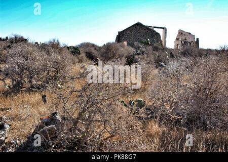 Festung Burg zwischen trockener Vegetation auf der Insel Tabarca, Alicante, Spanien. Sonnigen Tag und blauer Himmel. Stockfoto