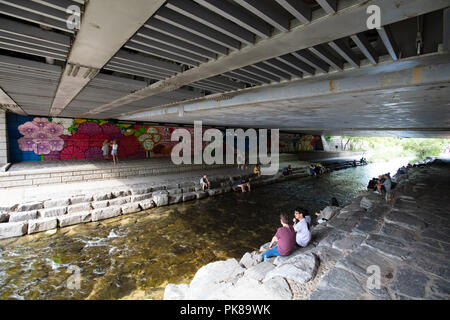 Seoul, Südkorea - 18. August 2018: Menschen genießen Sie Cheonggyecheon, der ein urban River fließt von West nach Ost durch zentrale Seoul in Südkorea Stockfoto