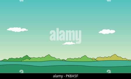 Natur Landschaft und Himmel Hintergrund Vector Illustration. Frühling Landschaft, vector Hintergrund. Cartoon Wiese Szene. Stock Vektor