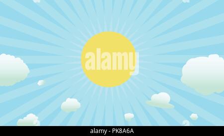 Helle Sonne mit glänzender und Wolken Vector Illustration. Sommer konzept. die Sonne am Himmel Hintergrund Stock Vektor