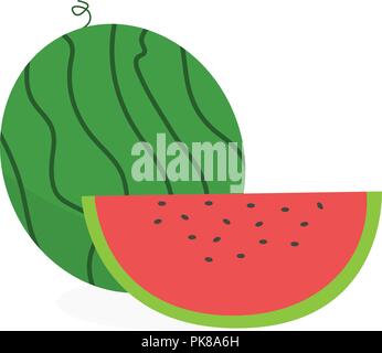 Flache frische Wassermelone mit slice Vector Illustration. Cute Wassermelone auf weißem Hintergrund Stock Vektor