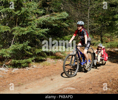 Eine Lady Biker ihre Tochter Abschleppen in einem Weehoo kind Fahrradanhänger im Königreich Trails an der East Burke in Vermont, USA Stockfoto