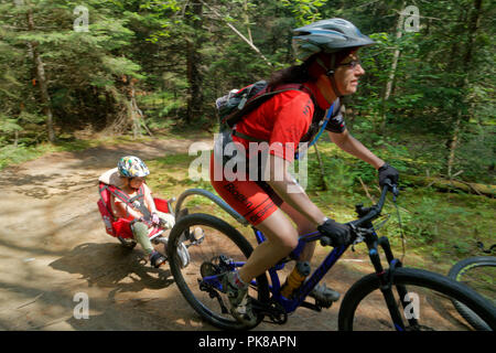 Eine Lady Biker ihre Tochter Abschleppen in einem Weehoo kind Fahrradanhänger im Königreich Trails an der East Burke in Vermont, USA Stockfoto