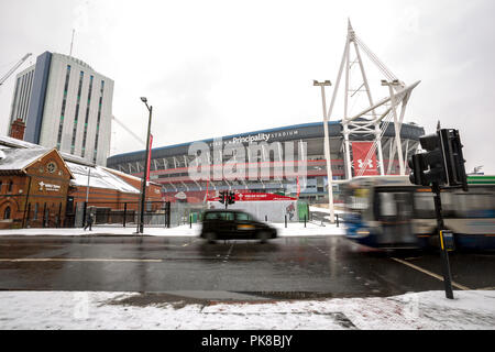 Sturm Emma, Cardiff, UK, März 2018 - diverse Szenen von den Schneefällen in Cardiff City Centre Stockfoto