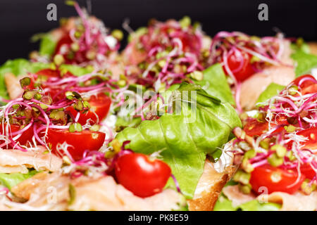 Hausgemachte kleine Sandwiches mit Sprossen, weißer Käse Salat, coctail Tomaten und Räucherlachs auf weiße Platte Stockfoto