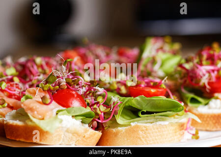 Hausgemachte kleine Sandwiches mit Sprossen, weißer Käse Salat, coctail Tomaten und Räucherlachs auf weiße Platte Stockfoto