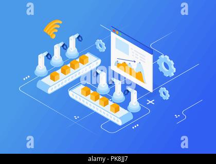 Isometrische Factory Automation, Industrie 4.0, Internet der Dinge, Vector Illustration für angeschlossene Geräte über verschiedene Symbole Stock Vektor