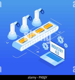 Isometrische Factory Automation, Industrie 4.0, Internet der Dinge, Vector Illustration für angeschlossene Geräte über verschiedene Symbole Stock Vektor