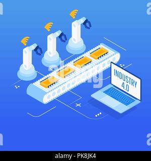 Isometrische Factory Automation, Industrie 4.0, Internet der Dinge, Vector Illustration für angeschlossene Geräte über verschiedene Symbole Stock Vektor