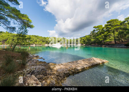 Segeln Boote und Yachten in der Bucht Krivica günstig durch felsige Küste umgeben und Kiefernwald auf der Insel Lošinj, Kvarner Bucht, Kroatien Stockfoto