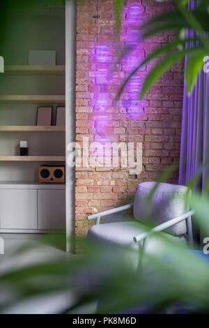 Schönes Büro in einem Loft Stil mit grauem und Mauerwerk. Es ist eine hölzerne Regale mit einem Lautsprecher und Frames, Schließfächer, grau Sessel, Vorhang, gre Stockfoto