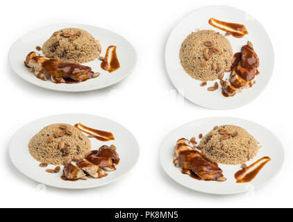 Satz von orientalischer Reis und Fleisch auf weißem Hintergrund, Clipping Path enthalten Stockfoto
