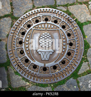 Ein runder Gusseisen Kanaldeckel mit dem Augsburg Ananas crest Markierung auf einer gepflasterten Straße im Zentrum von Augsburg, Bayern. Stockfoto