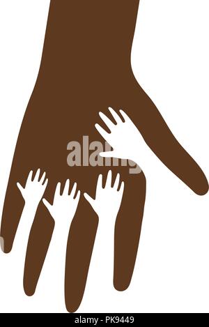 Kleine Hände innen Big palm Vektor icon. Helfende Hand, Kinder, Gesundheit, Liebe logo Vorlage. Flach braun Silhouette, abstrakte Symbol. Isolierte Vector Illustration auf weißem Hintergrund. Stock Vektor