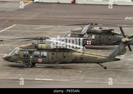 HH-60M Black Hawk Flugzeugbesatzungen, 25 Combat Aviation Brigade, 25 Infanterie Division, Washington, bieten lokalen Orientierung der am stärksten beschädigten Bereiche zu identifizieren, und Rescue Hoist, die im Rahmen der Joint Task Force 5-0 am 12.08.28, 2018, 28. August 2018. Die Task Force wurde eingerichtet, um die Auswirkungen von Hurrikan Lane auf Hawaii zu reagieren. Der lokalen und staatlichen Behörden von Hawaii, durch JTF 5-0 beantragt, HH-60M Black Hawk Hubschraubern mit Hebezeug Fähigkeit lokaler Behörden mit Wiederherstellungs Operationen auf der Insel von Hawaii zu unterstützen. JTF 5-0 ist eine gemeinsame Task Force, geführt von einem Stockfoto