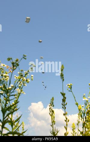 Us-Armee Fallschirmjäger, zum zweiten Bataillon zugeordnet, 503Rd Infanterie Regiment, 173Rd Airborne Brigade, Ausfahrt a 12 Combat Aviation Brigade CH-47 Chinook Hubschrauber auf Julia Drop Zone, Pordenone, Italien, August 22, 2018, 22. August 2018. Die 173Rd Airborne Brigade ist der US-Armee Contingency Response Force in Europa, die in der Projektion bereit Kräfte überall in den USA in Europa, Afrika oder Verantwortungsbereich Zentrale Befehle". (U.S. Armee Foto von Paolo Bovo). () Stockfoto