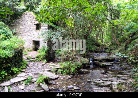 Ruiniert Mühlengebäude und Stream, felsigen Tal zwischen Boscastle und Tintagel, Cornwall, Großbritannien Stockfoto