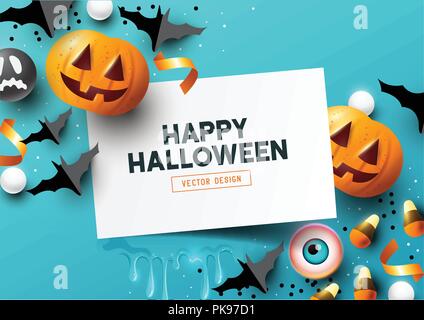 Halloween Party Zusammensetzung mit Kürbissen, party Dekorationen und Süßigkeiten auf blauem Hintergrund. Ansicht von oben Vector Illustration. Stock Vektor