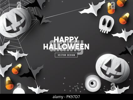 Happy Halloween Party Komposition mit Jack O'Lantern Kürbisse und Party Dekorationen auf einem dunklen Hintergrund. Ansicht von oben Vector Illustration. Stock Vektor