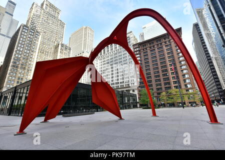 Calder's Flamingo Skulptur in der Innenstadt von Chicago, IL, USA Stockfoto