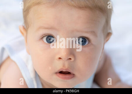 Adorable newborn baby mit riesigen blauen Augen Neugierig starrte in die Linse in der Nähe zu 7/8 Hochformat Stockfoto