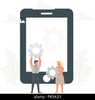 Vector Abbildung: Telefon mit großen Gängen mit kleinen Büro Menschen um ihn herum. Einstellen der App, Festlegen von Optionen, Wartung, Reparatur, zur Festsetzung mobile device Konzepte. Stock Vektor