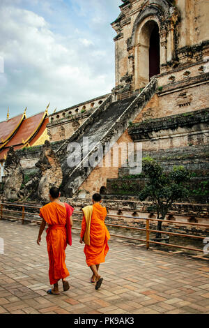 Mönche zu Fuß von Wat Chedi Luang Tempel in Chiang Mai, Thailand Stockfoto