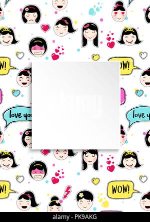 Mädchen Banner mit Anime emoji Muster. Süße Aufkleber mit emotico Stock Vektor