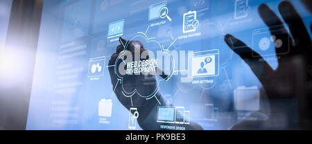 Die Entwicklung Programmierung und Coding Technologies mit Web site Design in Virtuellen Diagramm. Cyber Security Internet und Netzwerk Konzept. Geschäftsmann hand Stockfoto