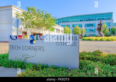 Sunnyvale, Kalifornien, USA - 13. August 2018: Google Tech Ecken Schild am Eingang von Google neue Campus in Sunnyvale, Silicon Valley. Stockfoto
