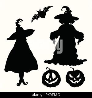 Zwei schwarze Silhouette Hexen in die Magische Hüte, Carving Gesicht Kürbis Laternen und bat isoliert auf den weißen Hintergrund. Laserschneiden Vorlage Stock Vektor