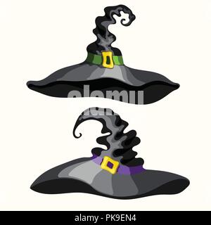 Zwei Cartoon Stil Vector Halloween Schwarze Hexe Hüte auf weißem Hintergrund Stock Vektor