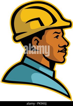 Maskottchen Abbildung einer Büste von einem schwarzen afrikanischen amerikanischen Builder oder Bauarbeiter von der Seite gesehen auf isolierten weißen Hintergrund im Retro-look geschehen s Stock Vektor