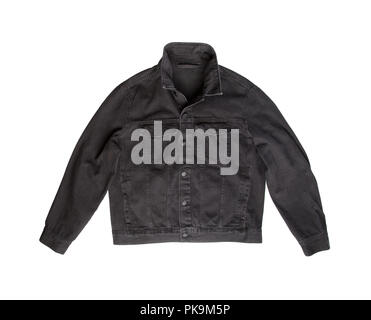 Schwarze Jeans Jacke auf weißem Hintergrund. Stockfoto