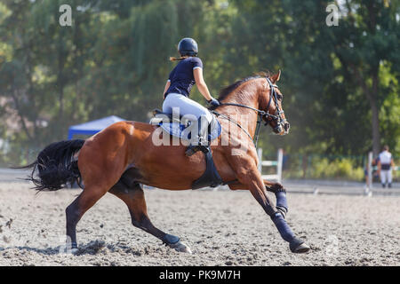 Junge Frau Reiten auf Pferderennen Stockfoto