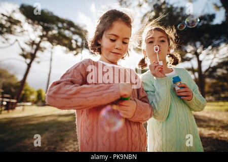 Wunderschöne kleine Mädchen spielen mit Luftblasen auf dem Spielplatz. Niedlichen Zwillingsschwestern bläst Seifenblasen im Freien. Stockfoto