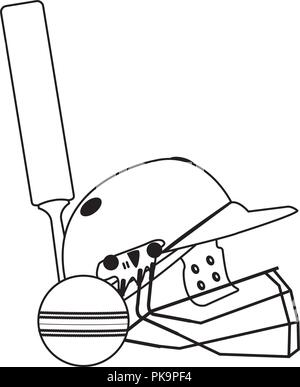 Kricket Schläger und Ball mit Helm in Schwarz und Weiß Stock Vektor