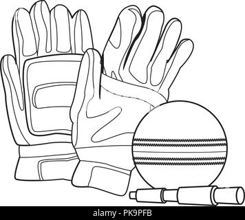 Cricket Handschuhe und Ball in Schwarz und Weiß Stock Vektor