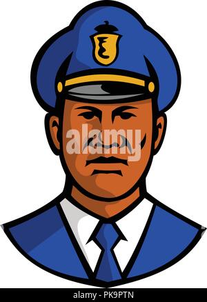 Maskottchen Abbildung: Büste von einem schwarzen afrikanischen amerikanischen Polizisten oder Polizisten tragen hat von vorne auf dem isolierten weißen Hintergrund angezeigt. Stock Vektor