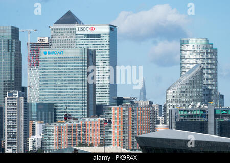 Ansichten von Gebäuden in Canary Wharf, London. Foto Datum: Samstag, 28. Juli 2018. Foto: Roger Garfield/Alamy Stockfoto