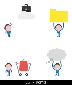Vector Illustration Satz von Geschäftsmann Maskottchen Charakter suchen Aktenkoffer auf Wolke, die geschlossene Datei Ordner, mit Einkaufstasche inside Shopping c Stock Vektor
