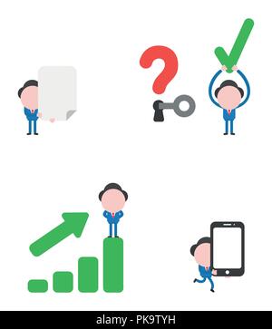 Vector Illustration Satz von Geschäftsmann Maskottchen Charakter Holding leeres Papier, entsperren Fragezeichen und halten, Haken, an der Spitze der Verkäufe Balkendiagramm Stock Vektor