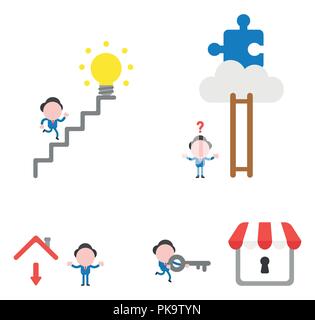 Vector Illustration Satz von Geschäftsmann Charakter zu laufen, um die Glühbirne auf Treppen, verwirrt über Leitern fehlende Schritte, Puzzle auf Wolke, Pfeil nach unten un Stock Vektor