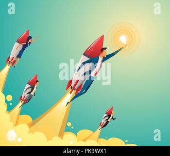 Unternehmer Team stehend auf Rakete durch am Himmel fliegen. Start Business Konzept. Vektor flach Stock Vektor