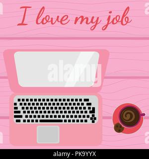 Laptop und Kaffee Tasse auf einem rosa Hintergrund aus Holz. Beschriftung ich liebe meinen Job Stock Vektor