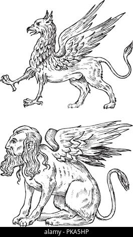 Mythologische Tiere. Mythischen Sphinx und antiken Griffin. Alte Vögel, fantastische Kreaturen in der alten Vintage Style. Graviert Hand gezeichnet alte Skizze. Stock Vektor