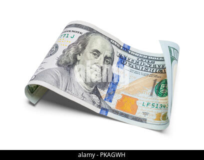 Single hundert Dollar Bill zusammengerollt auf Weiß. Stockfoto
