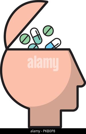 Profil menschlichen Kopf gefüllt Pillen Medikamente Vector Illustration Stock Vektor